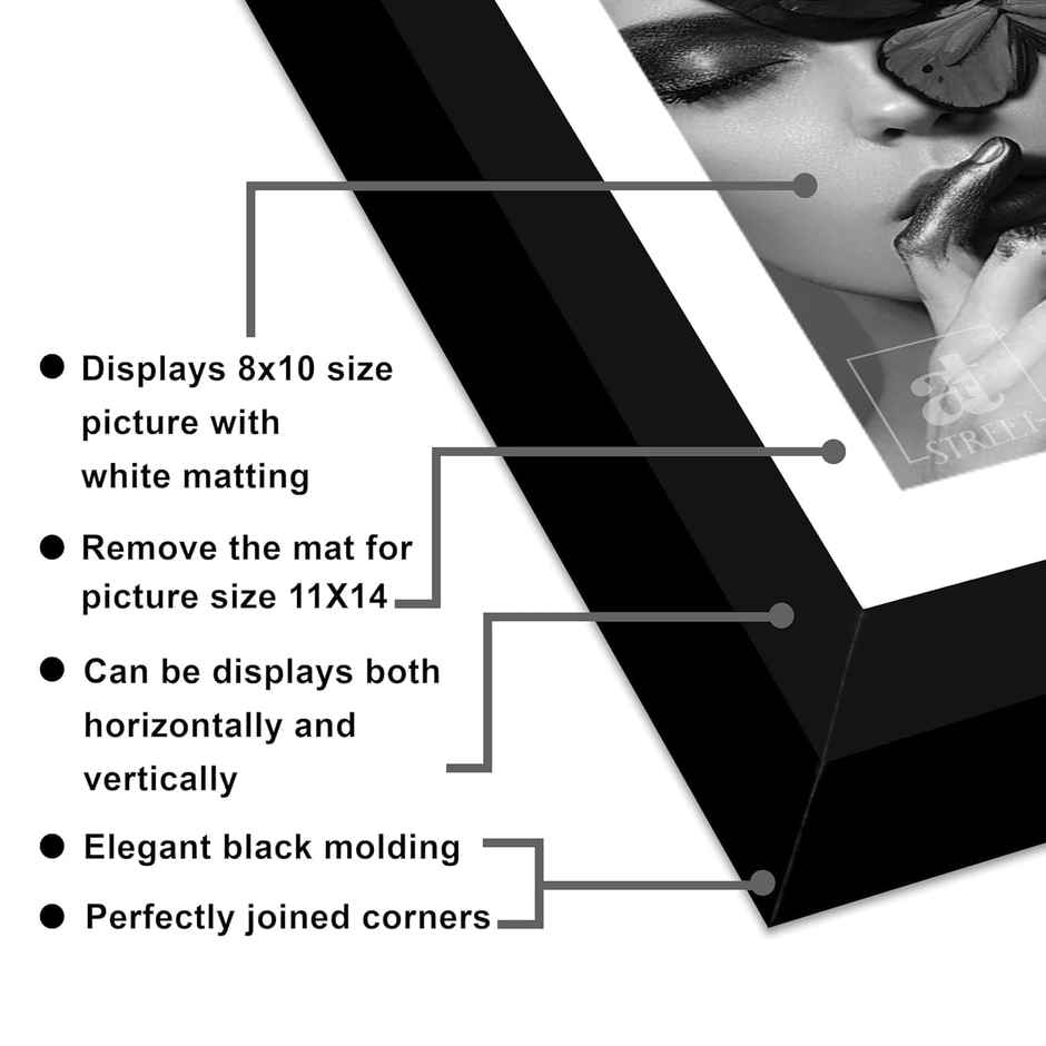Art Street Synthetic Document Large Size Wall Photo Frame, 11x14 Inch, Matted To 8x10 Inch | Black
