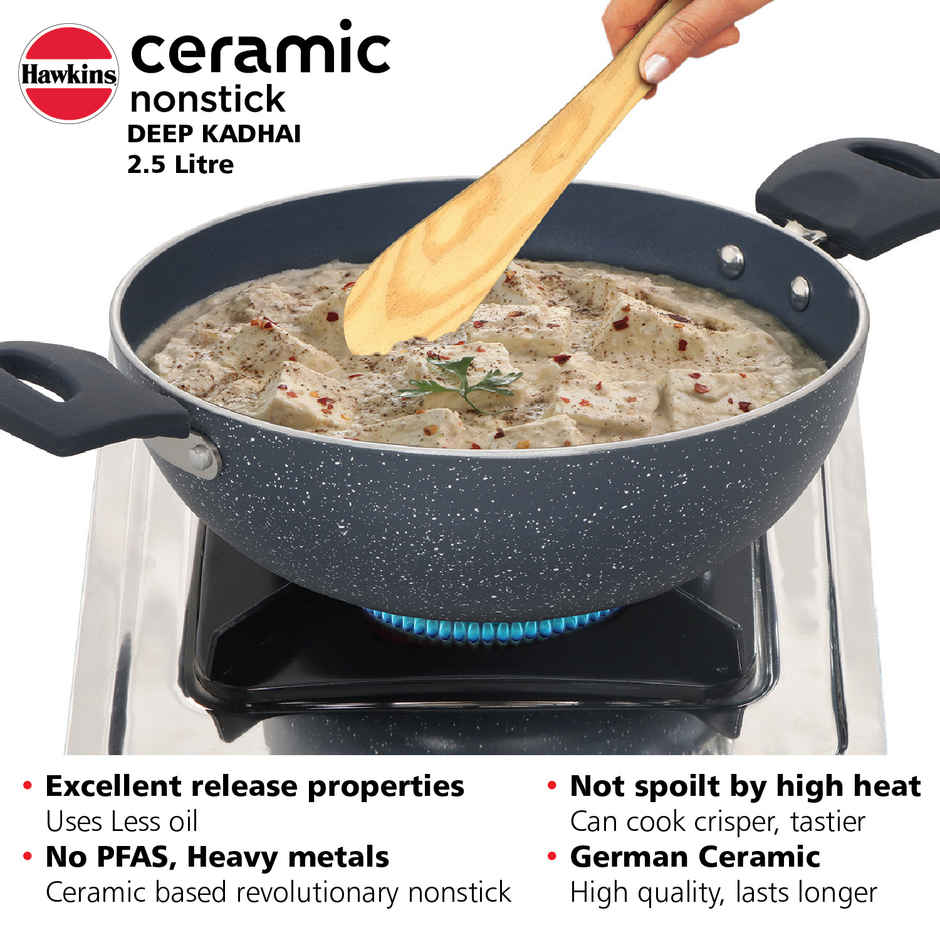 Hawkins Ceramic Nonstick Deep Kadhai with Lid | 2.5 L | Blue