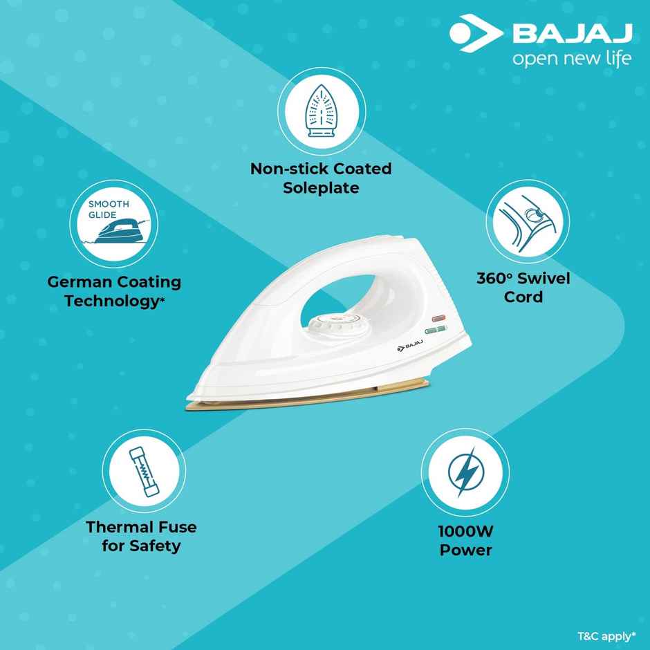Bajaj Dx-7 1000W Dry Iron With Advance Soleplate And Anti-Bacterial German Coating Technology
