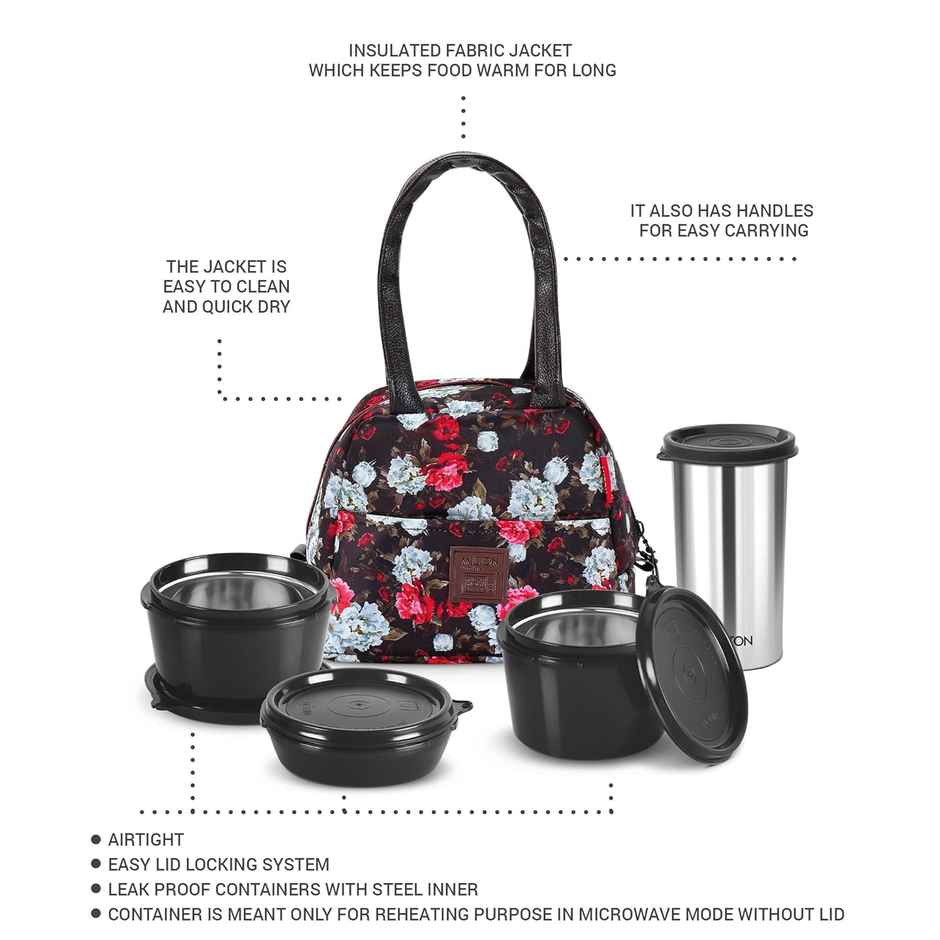 Milton Floret Tiffin 3 Microwave Safe Inner Steel Containers & Tumbler 415 ml With Bag | Black