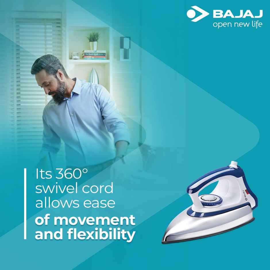Bajaj DX-11 Stainless Steel Majesty 1000 Watts Dry Iron, Advance Soleplate And Anti-Bacterial German Coating Technology,  Automatic Shut Off, Thermal Safety Fuse - White & Blue