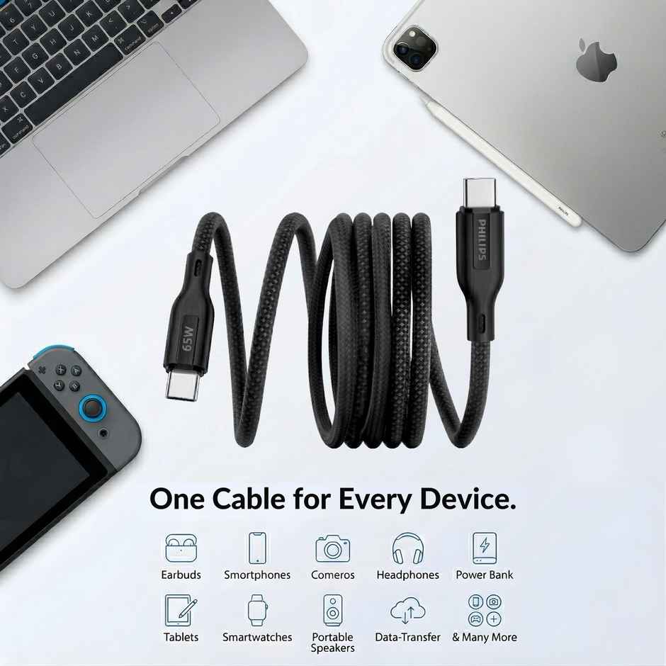 Philips 65W USB Type-C to Type-C Fast Charging Cable | Nylon Braided | 1m | Dark Slate