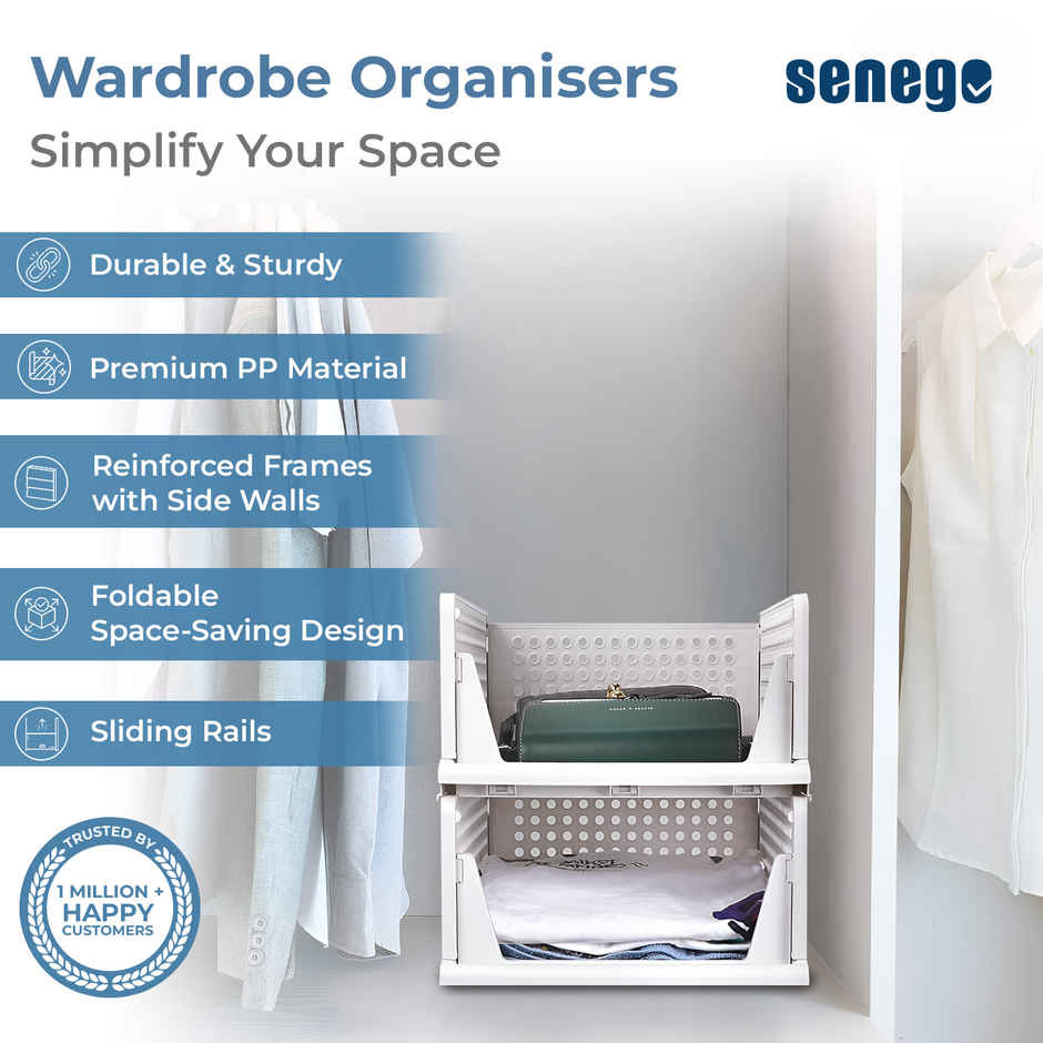 Senego Folding Wardrobe Clothes Organizer - Pack of 2, Stackable (White)