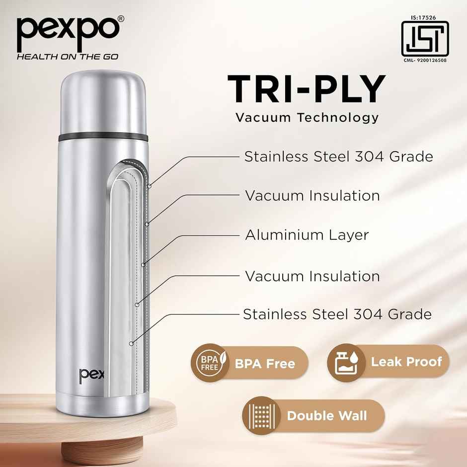 Pexpo Thermosteel Flip Lid Flask Flamingo | 1 L | Silver