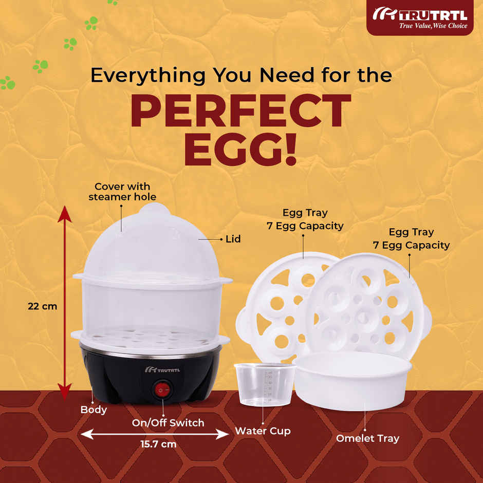 truTRTL Smart 4-in-1 Egg Boiler Machine 350 Watts | Boil upto 14 Eggs, Poach Eggs, Steam Vegetables Make Dhokla, Reheat (828 ml) - Black