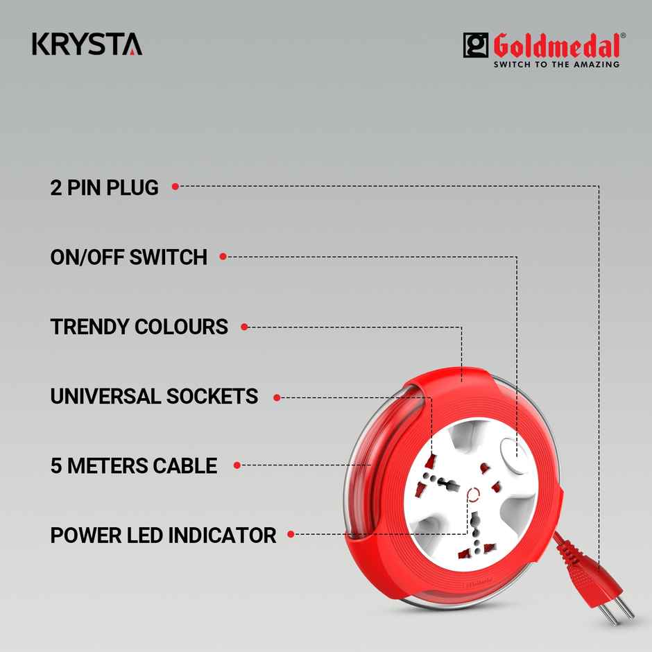 Gold Medal Krysta 2 Pin Heavy-Duty 5-Meter Cable Extension Cord|Master Switch with Indicator|Universal Sockets | Ultra-Smooth Rotation Extension Board for Home & Office