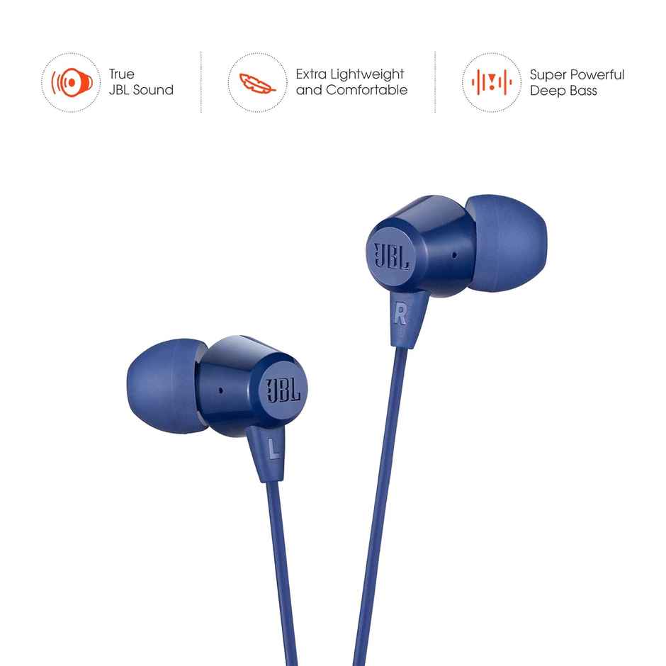 JBL C50HI, Wired in Ear Headphones with Mic, 3.5mm Audio Jack, One Button Multi-Function Remote, Lightweight & Comfortable fit - Blue