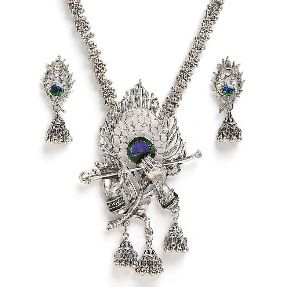 Shining Diva Fashion Stylish Traditional Oxidised Silver Necklace Set for Women and Gilrs | 13165s