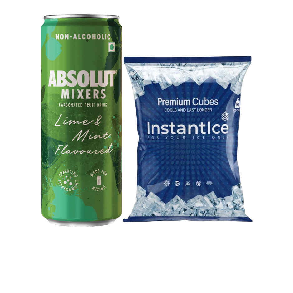 Instant Ice Cubes (1kg) & Absolut Mixers Sparkling Lime & Mint (Mojito Flavoured) (250ml) Combo