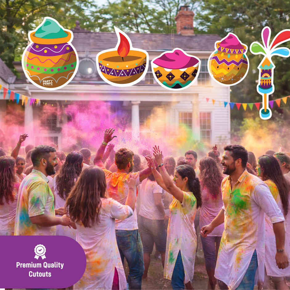 Colorful Holi Festival Paper Cut-Out Decorations with Traditional Indian Design | Party Propz