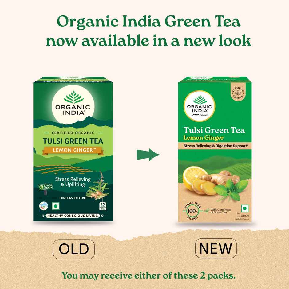 Organic India Tulsi Green Tea Lemon Ginger - 25 Tea Bags, Supports Digestion