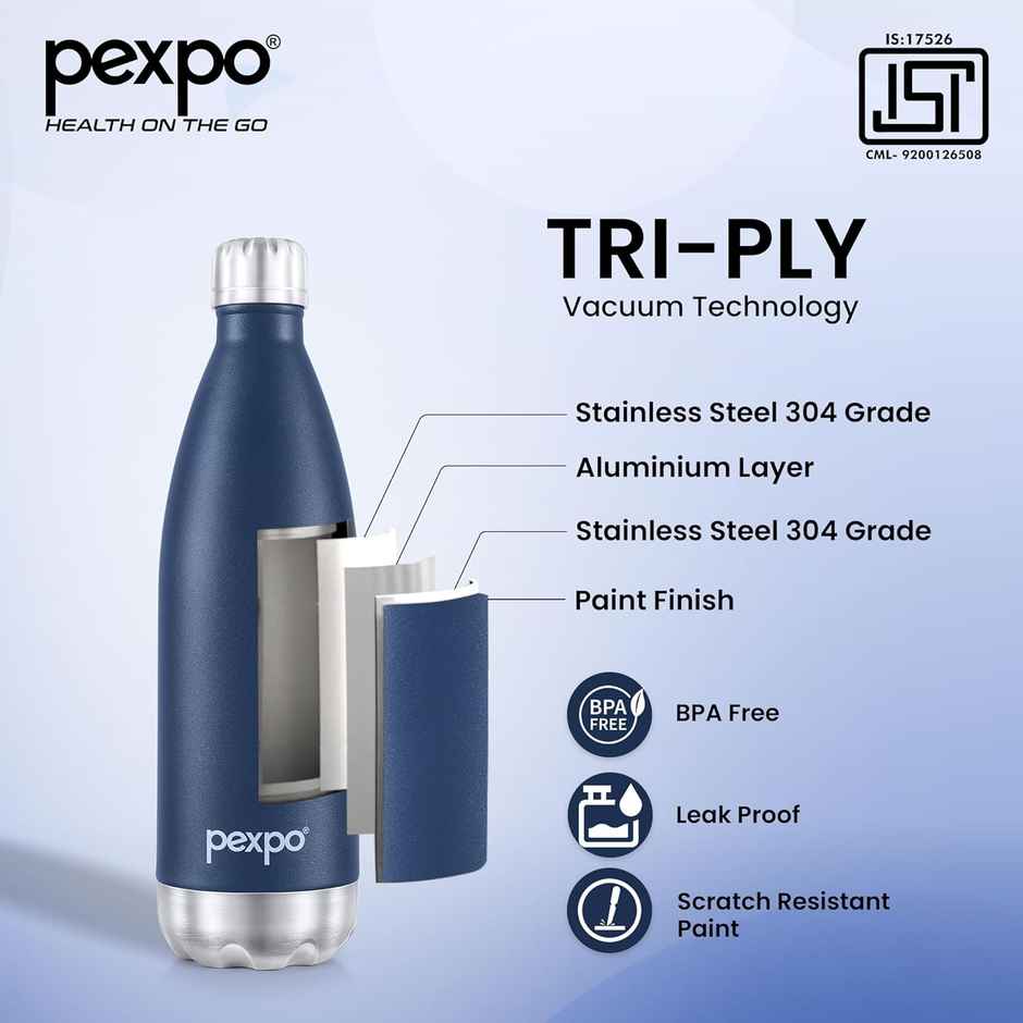Pexpo Electro 24 Hrs Hot & Cold Isi Certified Flask Stainless Steel Water Bottle - 750 ml | Denim Blue