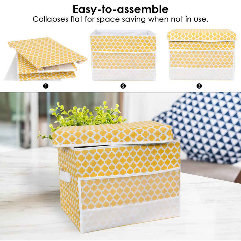 PrettyKrafts Yellow Cube Storage Box with Net Pockets - Foldable Organizer for Toys & Clothes