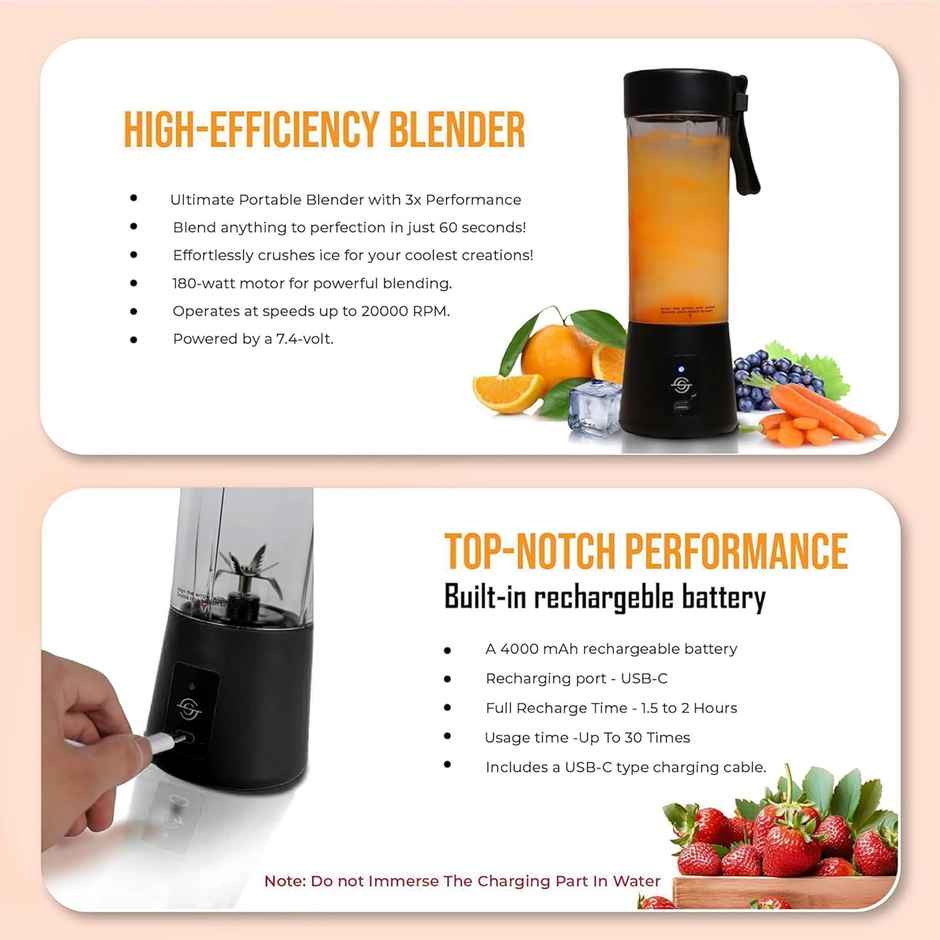 SOLARA Blendkwik 180Watts Portable Blender for Juices, Shakes, Smoothies, Crushing Ice, 450ml, USB Rechargeable Battery with 4000 mAh - Black Knight