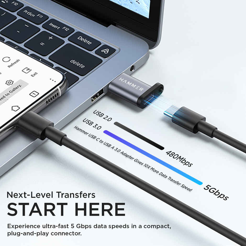 Hammer USB Type-C Female to USB Male OTG Adapter | 5 Gbps High-Speed Data Transfer | Grey