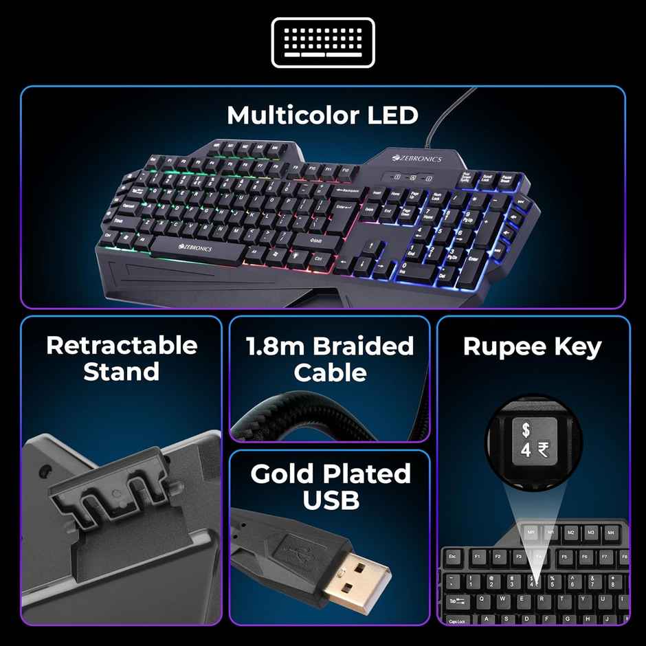 Zebronics Optimus Gaming Keyboard & Mouse Combo Upto 3600 Dpi 6 Buttons Led 117 Keys Black