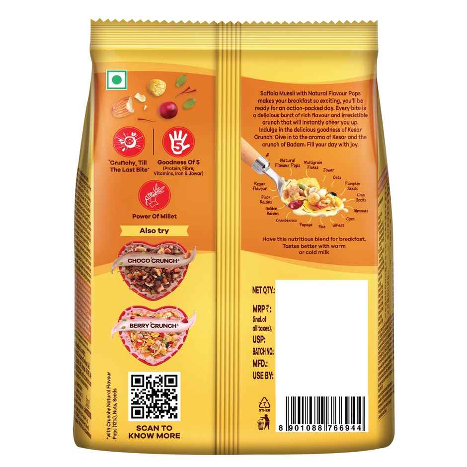 Saffola Muesli Kesar Crunch With Flavour Pops 15 In 1 Fruit And Nuts
