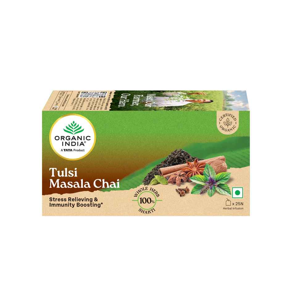 A TATA Product - Organic India Tulsi Masala Chai, 25 Tea Bags, Unbleached Filter Paper Tea Bags
