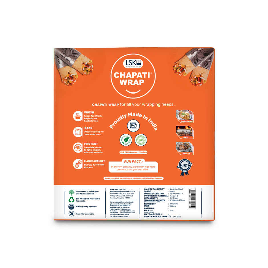 CHAPATI WRAP Pre-Cut Aluminium Foil 100 Sheets
