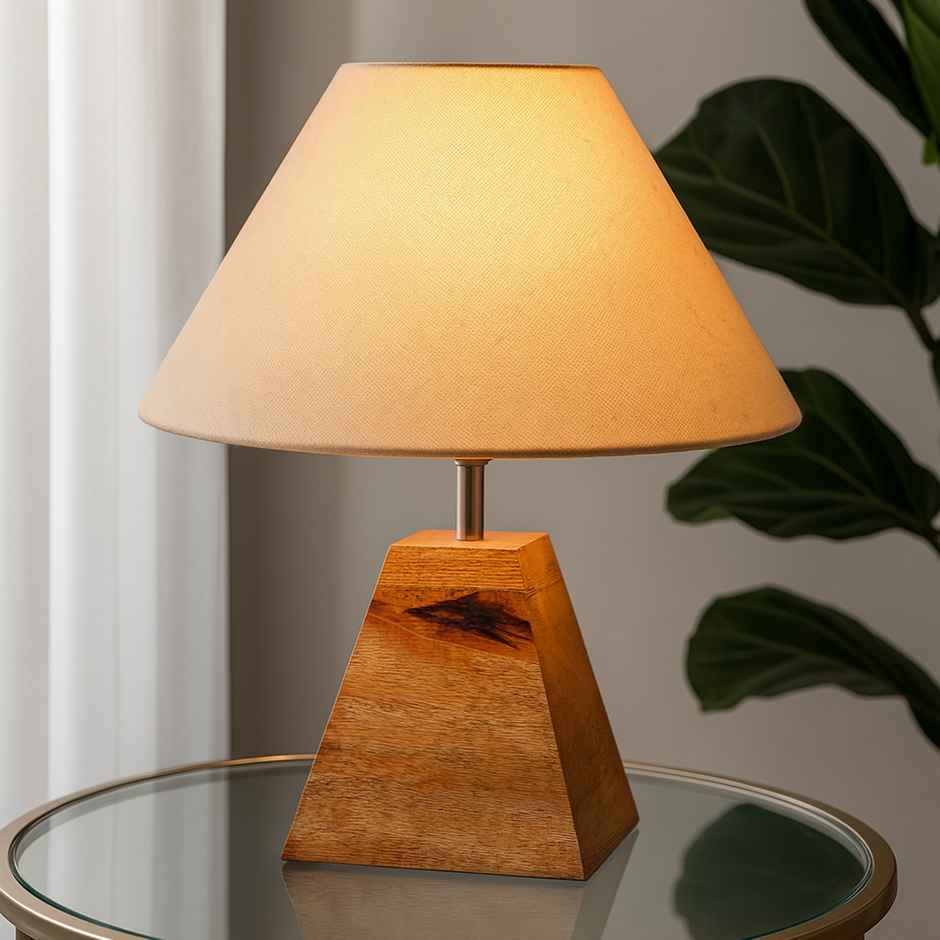 Homesake Wood Table Lamp | Modern Base Fabric Lampshade | Pyramid | Jute