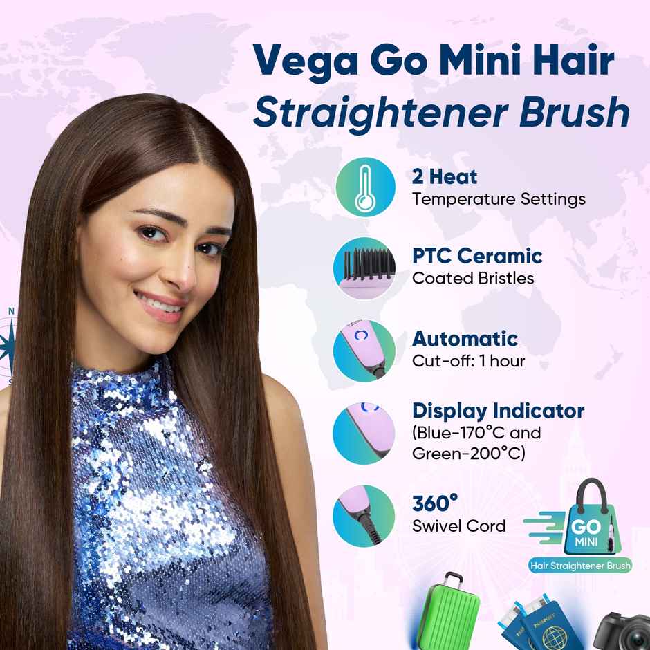 Vega Mini Hair Straightener Brush-Natural Straight in Few Min for Women 2 Heat Settings, (VHSB-05)