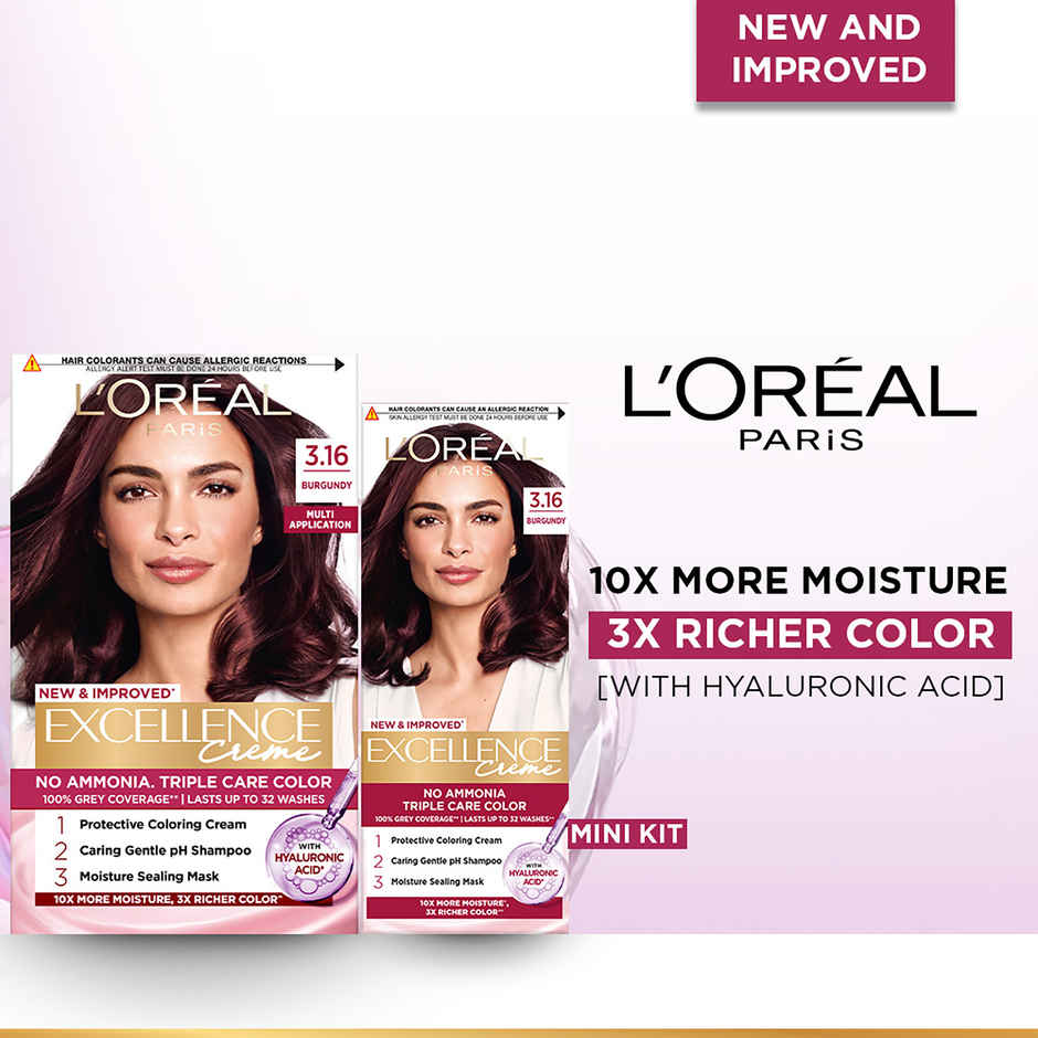 L'Oreal Paris New Excellence Creme Hair Color Mini Shade 3.16 Burgundy | 20g + 20ml + 5ml + 5g