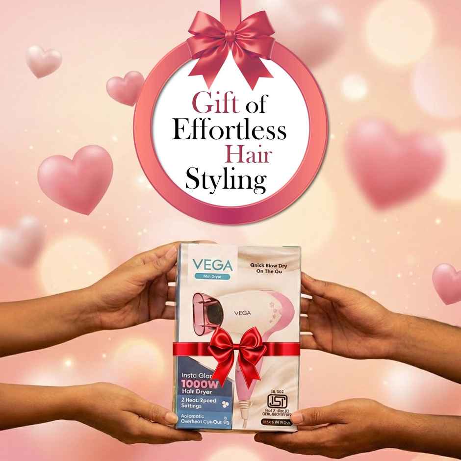 Vega Insta Glam Foldable 1000 Watts Hair Dryer with 2 Heat/Speed Settings, VHDH-20, (Made in India)