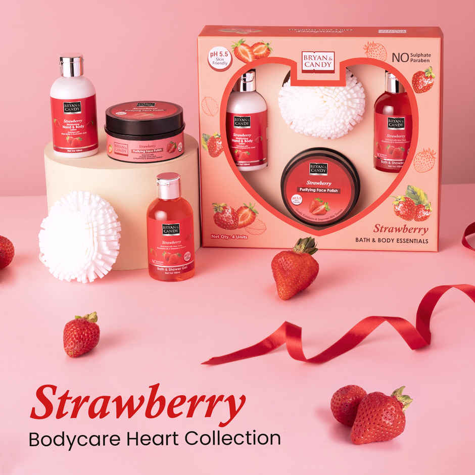 Bryan & Candy Strawberry Heart Kit Combo|Shower Gel|Hand-Body Lotion|Body Polish|Loofah|Pack Of 3