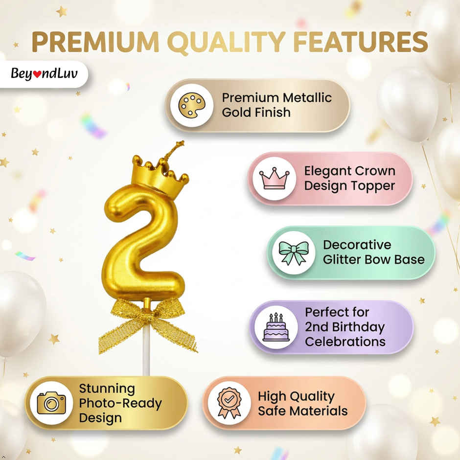 BeyondLuv Candles for Kids Birthday Party 2 Number Golden Candle With Crown