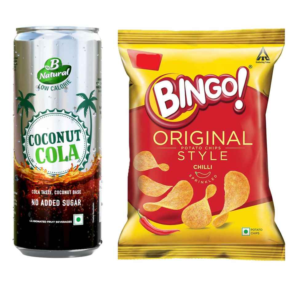 B Natural Coco Nut Cola (250ml) & Bingo! Original Style Chilli Sprinkled | Flat Cut Spicy Potato Chips Pack For Snacks (85g) Combo