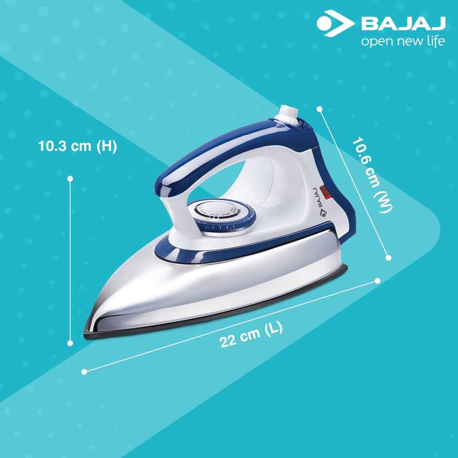 Bajaj DX-11 Stainless Steel Majesty 1000 Watts Dry Iron, Advance Soleplate And Anti-Bacterial German Coating Technology,  Automatic Shut Off, Thermal Safety Fuse - White & Blue