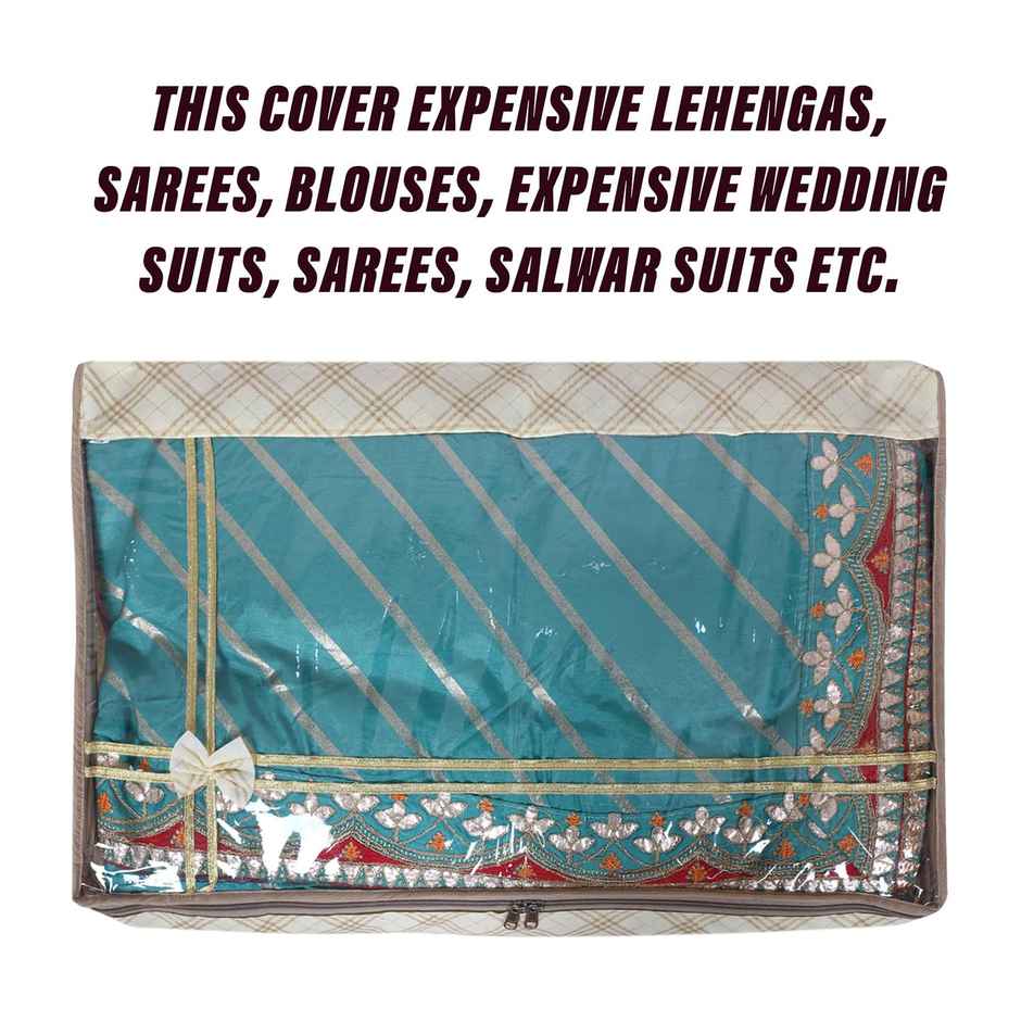 Kuber Industries Non-Woven Check Bow Lehenga Cover with Top Transparent|Large|Pack of 2|Cream