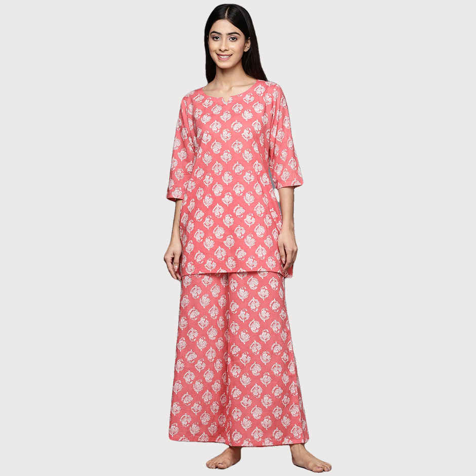 Libas Women Pink Cotton Floral Kurti With Cotton Pyjamas - 50178L