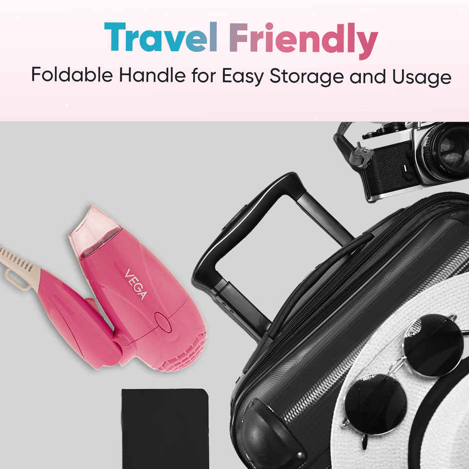 Vega Travel Pro 1200W Hair Dryer for Women with Powerful Motor, 2 Heat/Speed Settings, Detachable Nozzle, Travel Friendly Compact Blow Dryer with Foldable Handle, (VHDH-33)