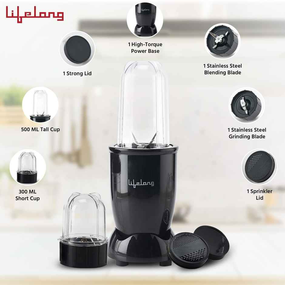 Lifelong Regalia PowerNutri (LLNBB001) Mixer/Grinder/Blender/Shaker, 2 Stainless Steel Blades,2 Unbreakable Jars, 450 W Powerful Copper Motor - Black