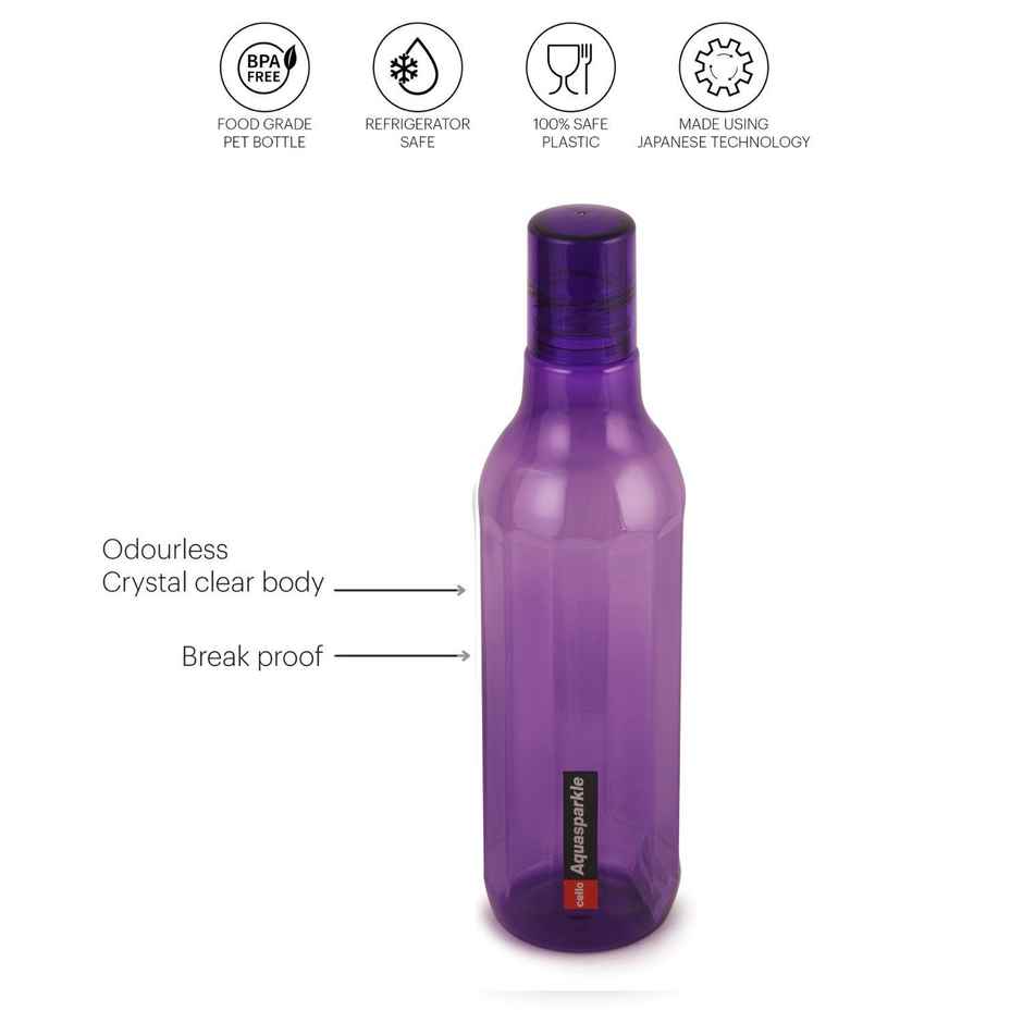 Cello Plastic Aqua Sparkle Water Bottle, 100% Food Grade, Leak Proof and Break Proof | Purple | 1 L