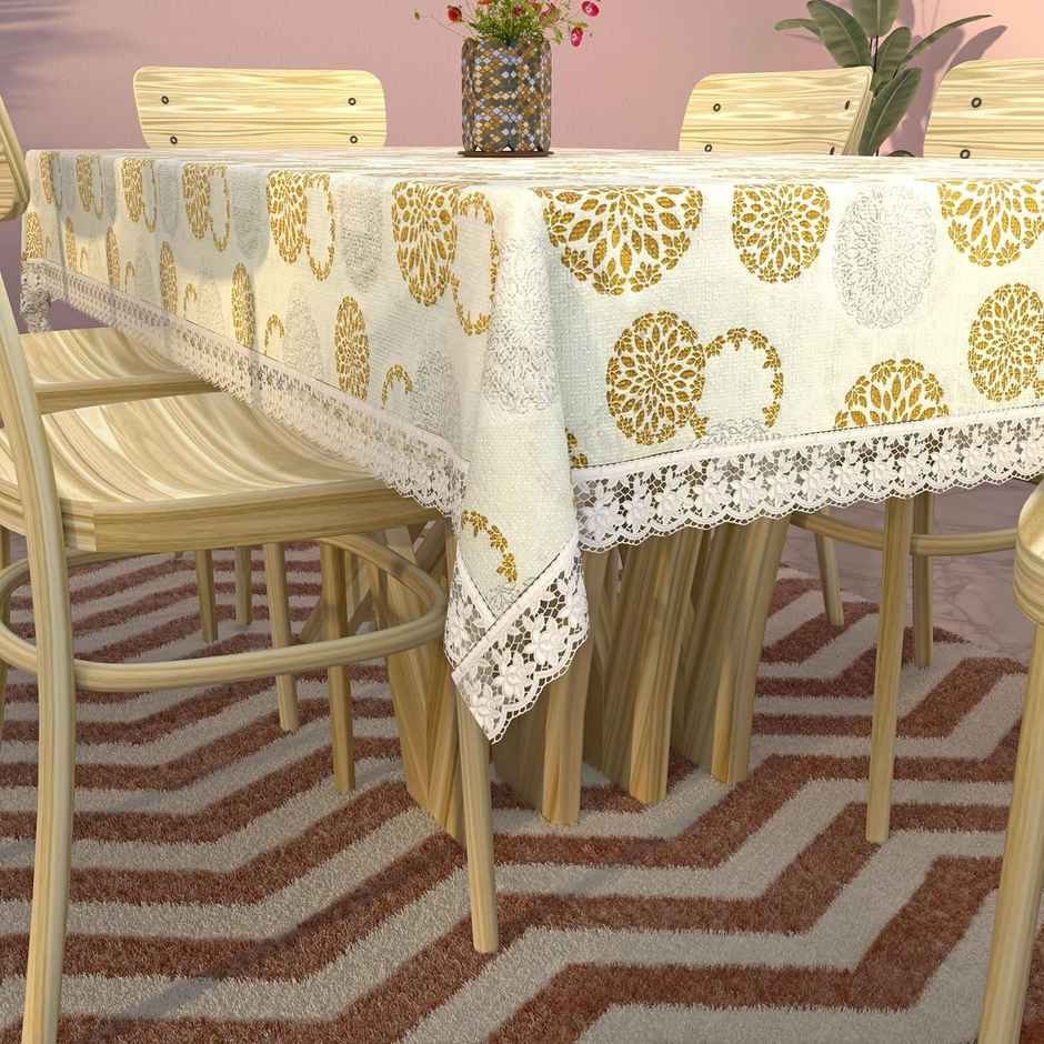 Kuber Industries Rangoli Printed PVC 6 Seater Dining Table Cover | 60"x90" (Cream)