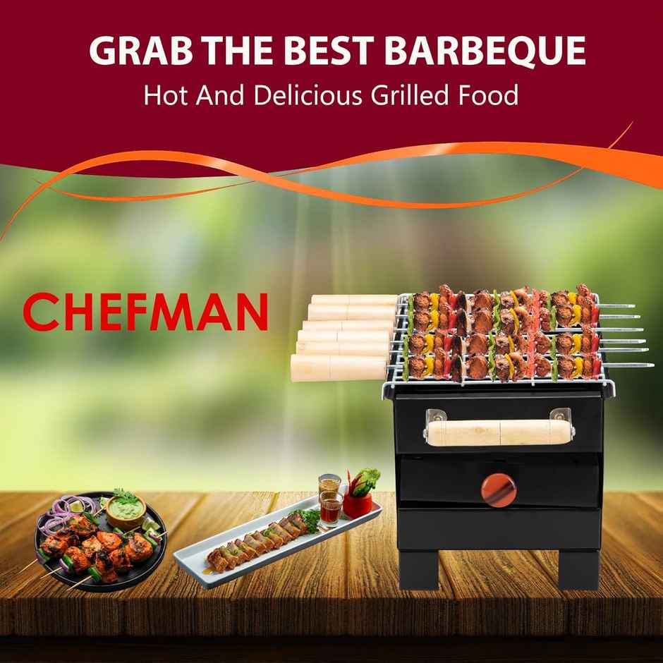Chefman Portable Charcoal BBQ Grill | 6 Skewers | Ideal For Outdoor Cooking | Black