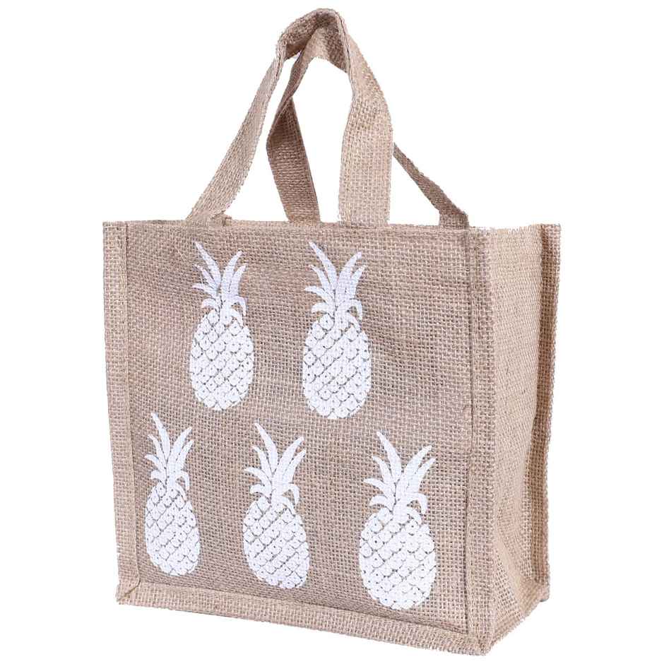 Kuber Industries Jute Fabric Pineapple Print Lunch Bag for Office |School |Gift (Brown)