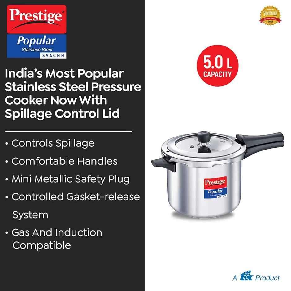 Prestige Popular Svachh SS Pressure Cooker 5L,Controls Spillage,Gas and Induction Compatible,Silver