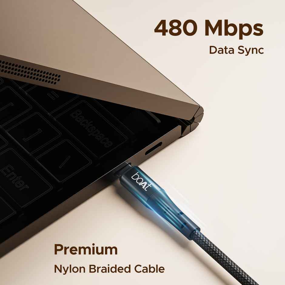 boAt Type-C C300 Tangle-Free, Sturdy w/60W/3A PD C to C Fast Charging Cable, Compatible w/Xiaomi, Oneplus, Samsung, Vivo & Oppo, 480 Mbps Data Transmission Speed, Nylon Braided Skin & 1.5m Length - Black