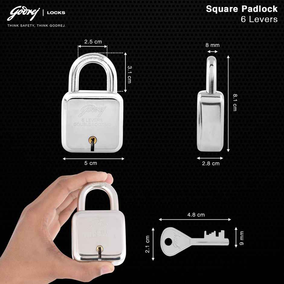 Godrej Locks I Square 6 levers 50 mm 4 Key Padlock for Main Door Corrosion Resistant Shackle Silver