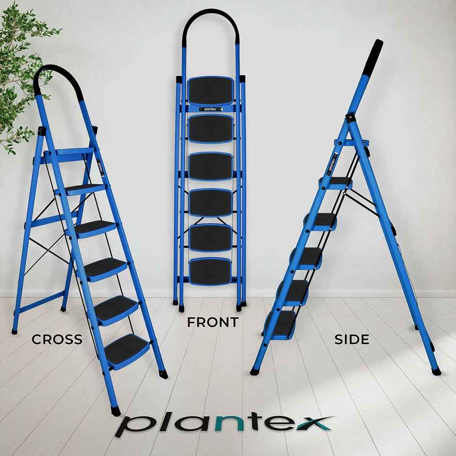 Plantex Premium 6 Step Foldable Steel Ladder with Non-Slip Handgrip - Blue and Black