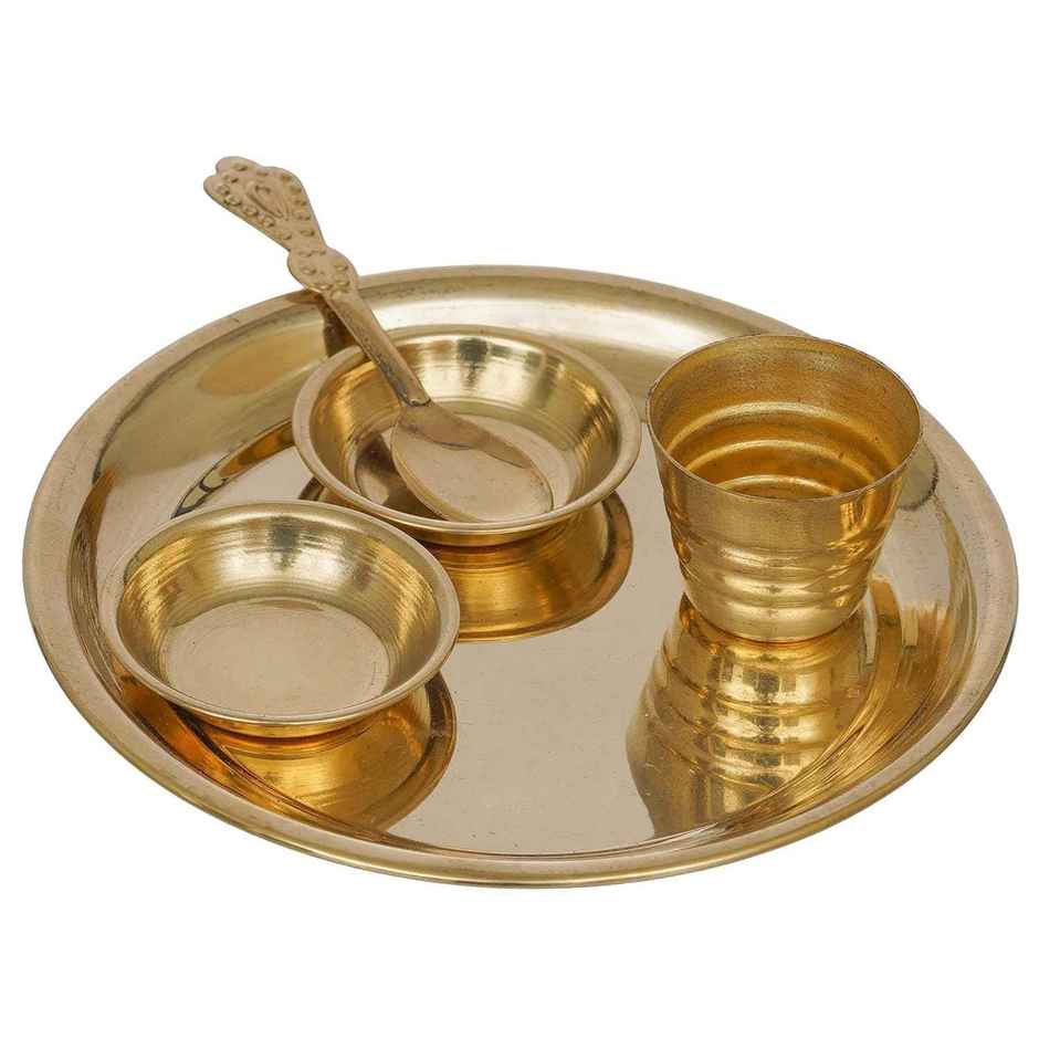 Brass Puja Thali | 5 in | with 2 Katori Bowls, 1 Spoon and 1 Glass | Ecraftindia