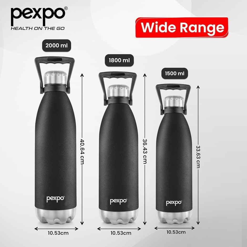 Pexpo Echo Isi Certified Water Bottle | 1.8 L | Knight Black | Vacuum Insulated Bottle With Handle