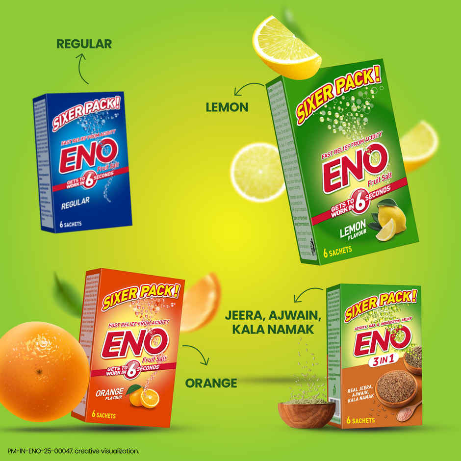 ENO Lemon Ayurvedic Antacid, Gets to Work in 6 Secs for Instant Acidity Relief - Pack of 6 Sachets