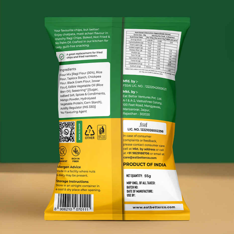 Eat Better Co Ragi Chips | Achari Masti | Roasted | No Palm Oil