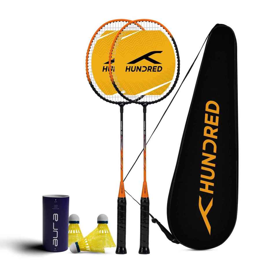 Hundred Powertek 100 | 2 Strung Badminton Rackets + 1 Full Cover + 3 pc Aura Nylon Shuttlecocks