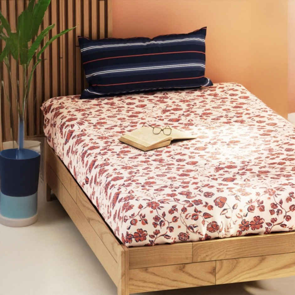 Kopa Extra Smooth Micro Single Bedsheet With 1 Pillow Cover | Set of 2 | Aura Floral | Brick, Blue