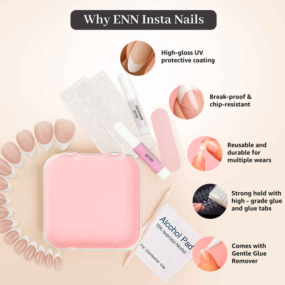 ENN Beauty Insta Nails Reusable UV Coated Press On Kit Mocha Melt Medium Almond